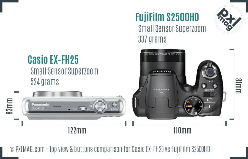 Casio EX-FH25 vs FujiFilm S2500HD top view buttons comparison Casio EX-FH25 vs FujiFilm S2500HD top view buttons comparison