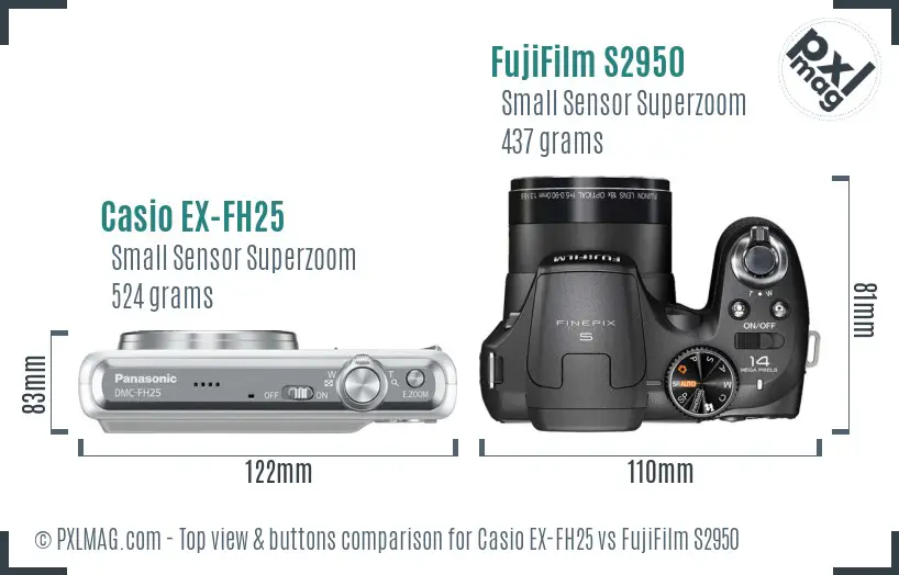 Casio EX-FH25 vs FujiFilm S2950 top view buttons comparison
