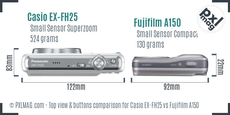 Casio EX-FH25 vs Fujifilm A150 top view buttons comparison