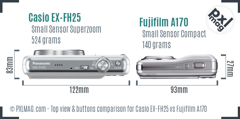 Casio EX-FH25 vs Fujifilm A170 top view buttons comparison