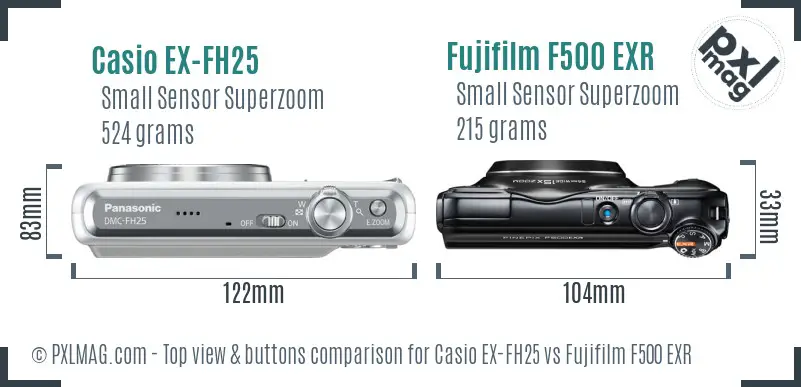 Casio EX-FH25 vs Fujifilm F500 EXR top view buttons comparison