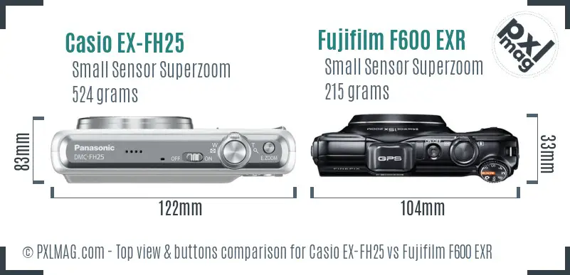 Casio EX-FH25 vs Fujifilm F600 EXR top view buttons comparison Casio EX-FH25 vs Fujifilm F600 EXR top view buttons comparison