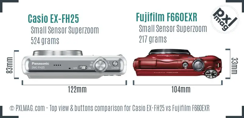 Casio EX-FH25 vs Fujifilm F660EXR top view buttons comparison Casio EX-FH25 vs Fujifilm F660EXR top view buttons comparison