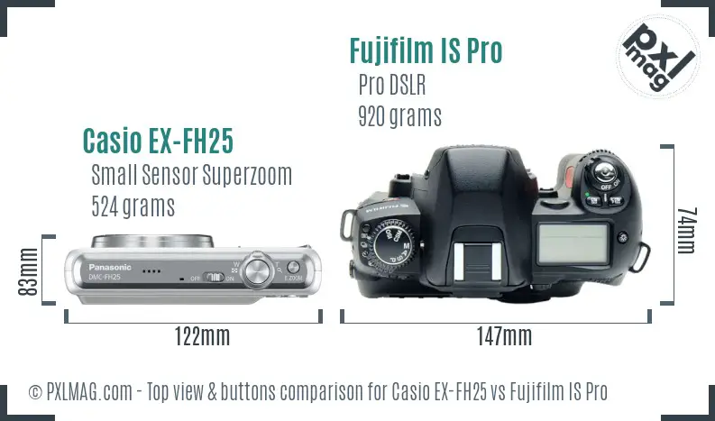 Casio EX-FH25 vs Fujifilm IS Pro top view buttons comparison