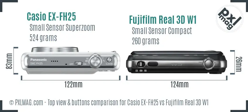 Casio EX-FH25 vs Fujifilm Real 3D W1 top view buttons comparison