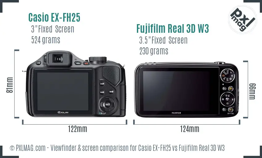 Casio EX-FH25 vs Fujifilm Real 3D W3 Screen and Viewfinder comparison