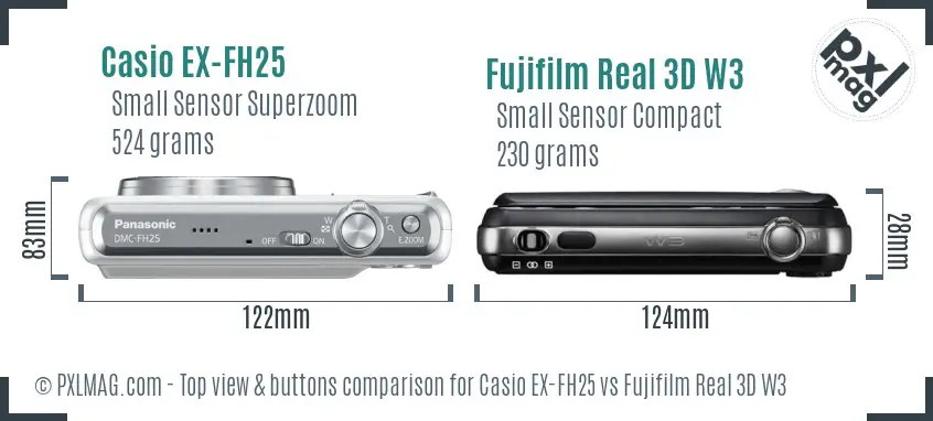 Casio EX-FH25 vs Fujifilm Real 3D W3 top view buttons comparison