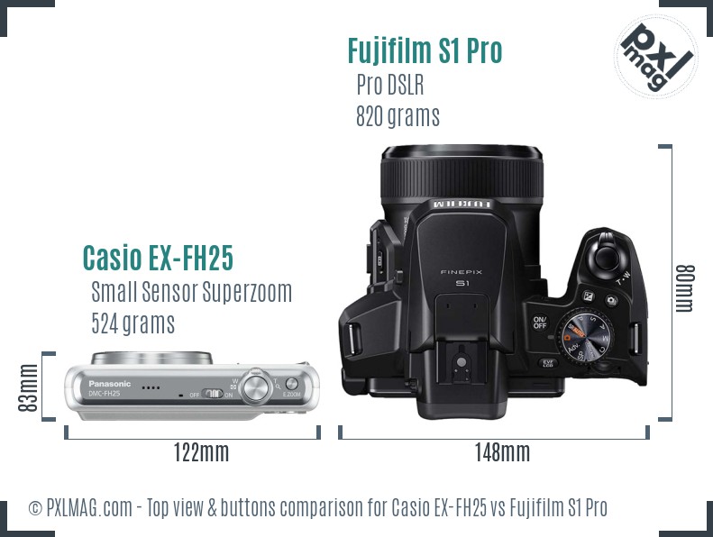 Casio EX-FH25 vs Fujifilm S1 Pro top view buttons comparison