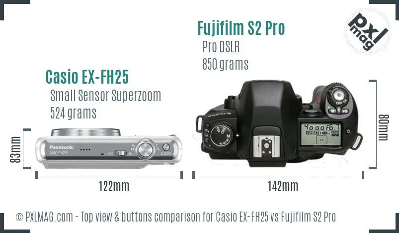 Casio EX-FH25 vs Fujifilm S2 Pro top view buttons comparison
