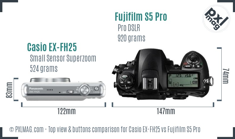 Casio EX-FH25 vs Fujifilm S5 Pro top view buttons comparison