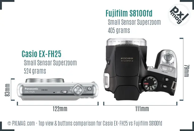 Casio EX-FH25 vs Fujifilm S8100fd top view buttons comparison