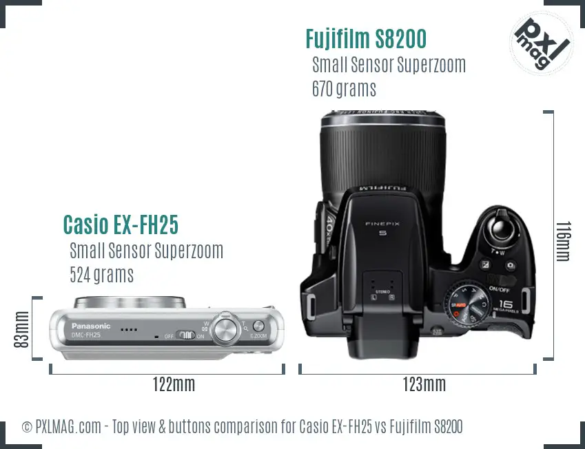 Casio EX-FH25 vs Fujifilm S8200 top view buttons comparison