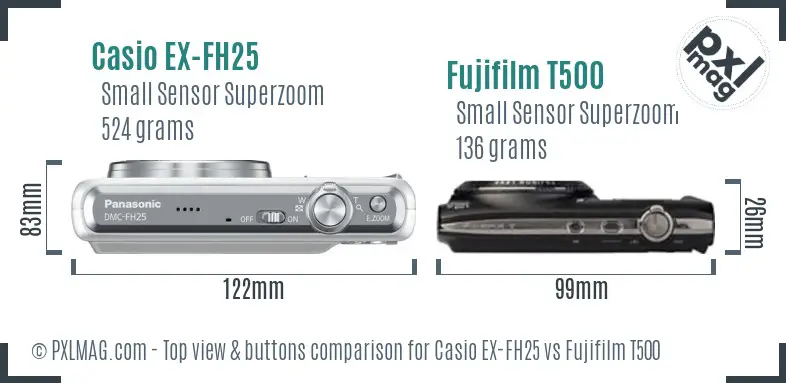 Casio EX-FH25 vs Fujifilm T500 top view buttons comparison