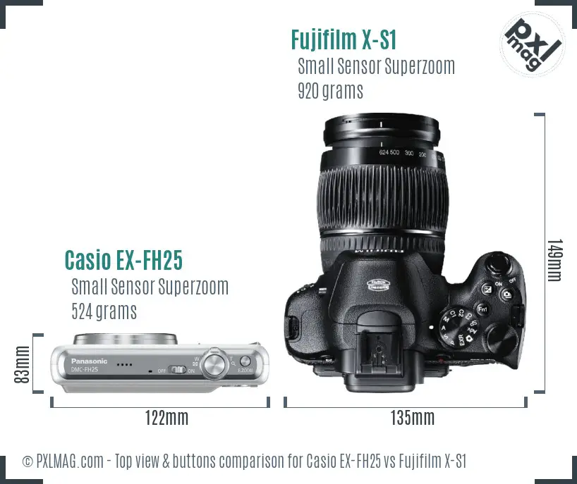Casio EX-FH25 vs Fujifilm X-S1 top view buttons comparison