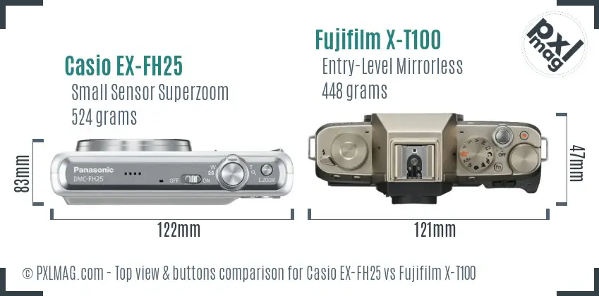 Casio EX-FH25 vs Fujifilm X-T100 top view buttons comparison