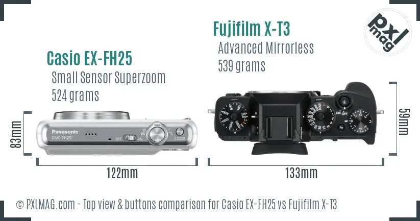 Casio EX-FH25 vs Fujifilm X-T3 top view buttons comparison