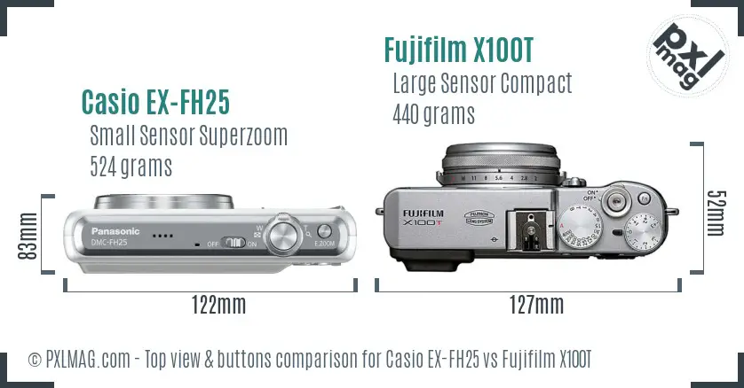 Casio EX-FH25 vs Fujifilm X100T top view buttons comparison