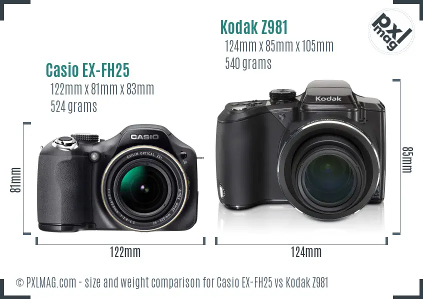 Casio EX-FH25 vs Kodak Z981 size comparison