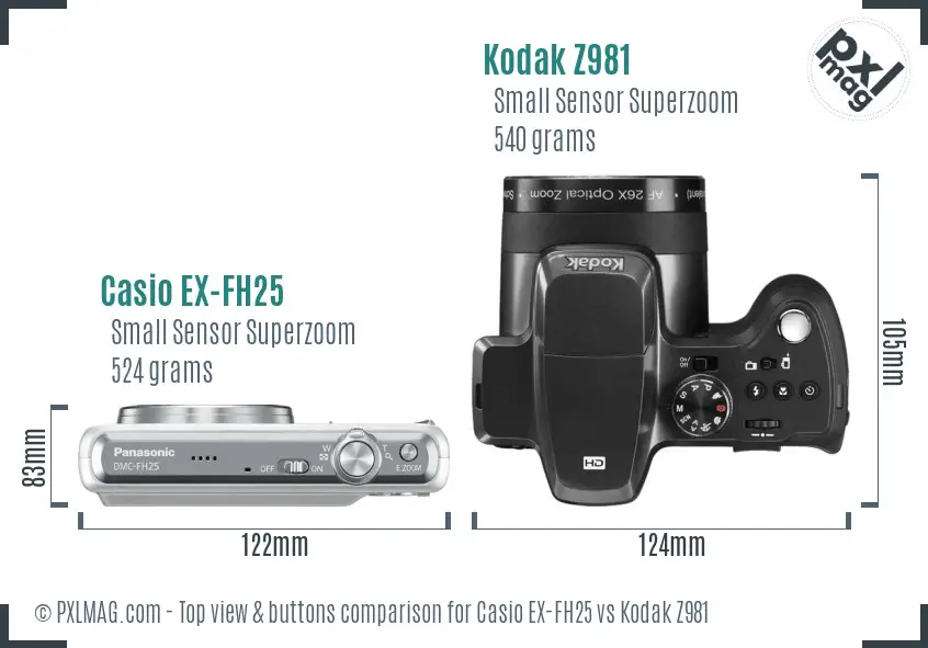 Casio EX-FH25 vs Kodak Z981 top view buttons comparison