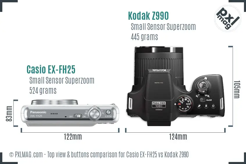 Casio EX-FH25 vs Kodak Z990 top view buttons comparison