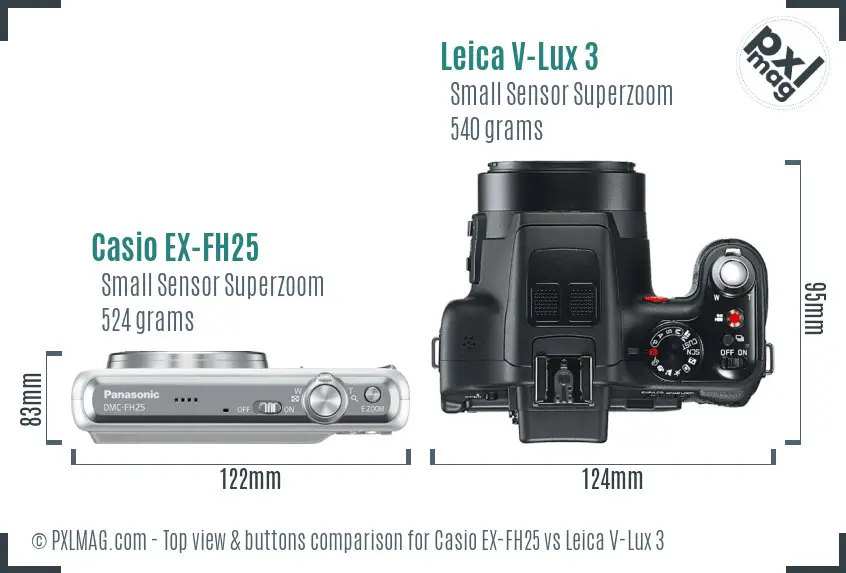 Casio EX-FH25 vs Leica V-Lux 3 top view buttons comparison