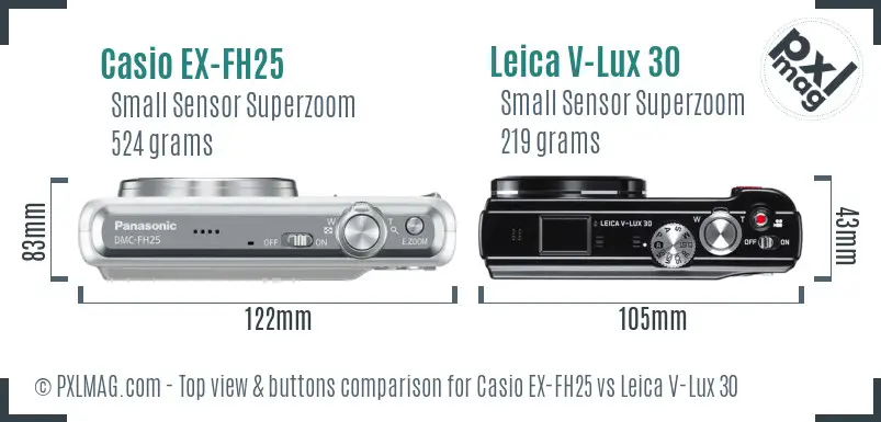 Casio EX-FH25 vs Leica V-Lux 30 top view buttons comparison Casio EX-FH25 vs Leica V-Lux 30 top view buttons comparison