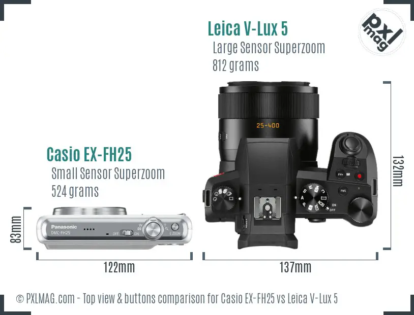 Casio EX-FH25 vs Leica V-Lux 5 top view buttons comparison