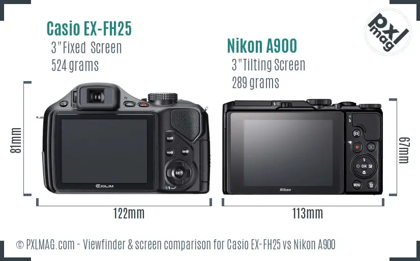 Casio EX-FH25 vs Nikon A900 Screen and Viewfinder comparison