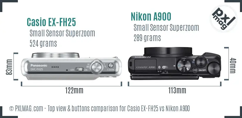 Casio EX-FH25 vs Nikon A900 top view buttons comparison