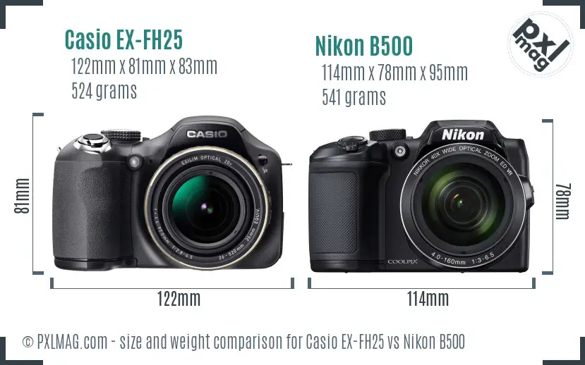 Casio EX-FH25 vs Nikon B500 size comparison