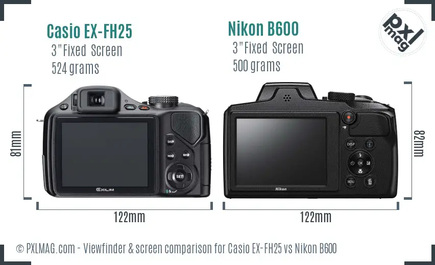 Casio EX-FH25 vs Nikon B600 Screen and Viewfinder comparison