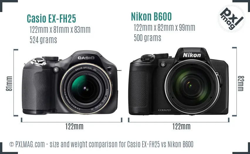 Casio EX-FH25 vs Nikon B600 size comparison