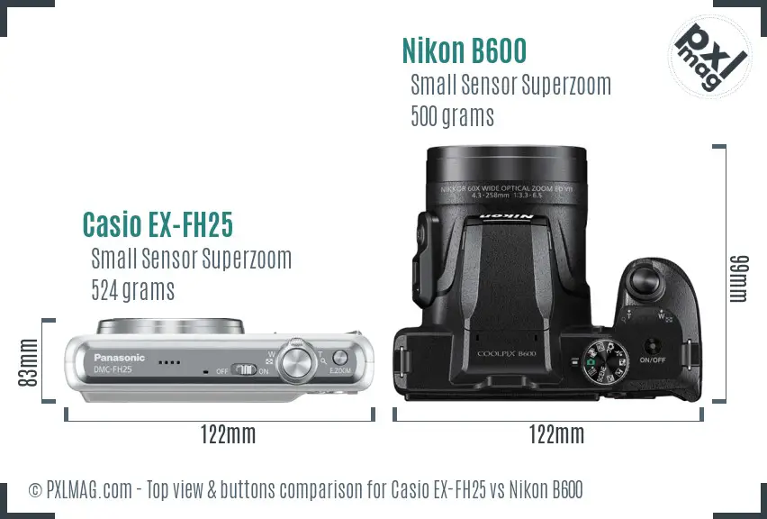 Casio EX-FH25 vs Nikon B600 top view buttons comparison