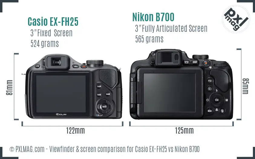 Casio EX-FH25 vs Nikon B700 Screen and Viewfinder comparison
