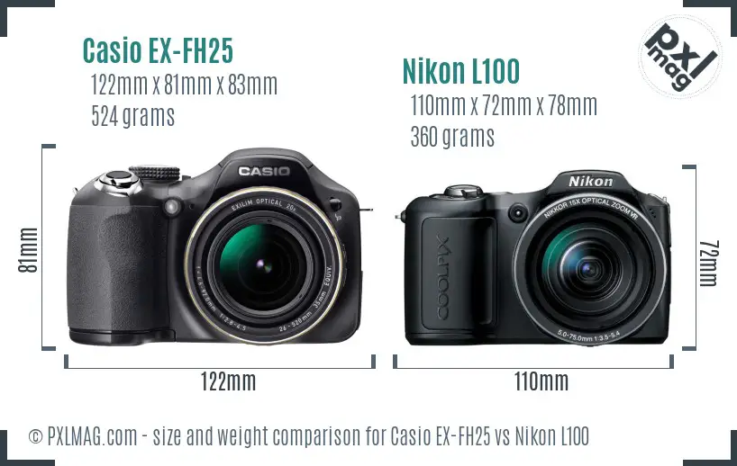 Casio EX-FH25 vs Nikon L100 size comparison