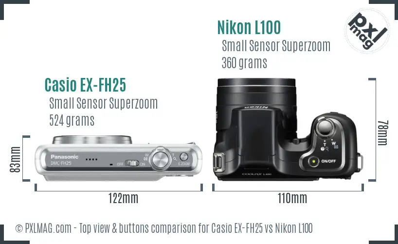 Casio EX-FH25 vs Nikon L100 top view buttons comparison