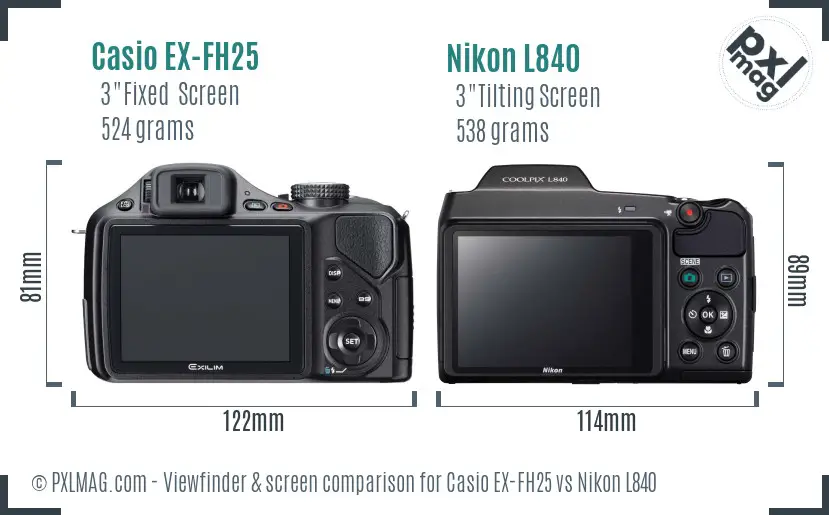 Casio EX-FH25 vs Nikon L840 Screen and Viewfinder comparison