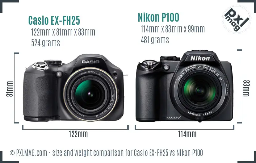 Casio EX-FH25 vs Nikon P100 size comparison Casio EX-FH25 vs Nikon P100 size comparison