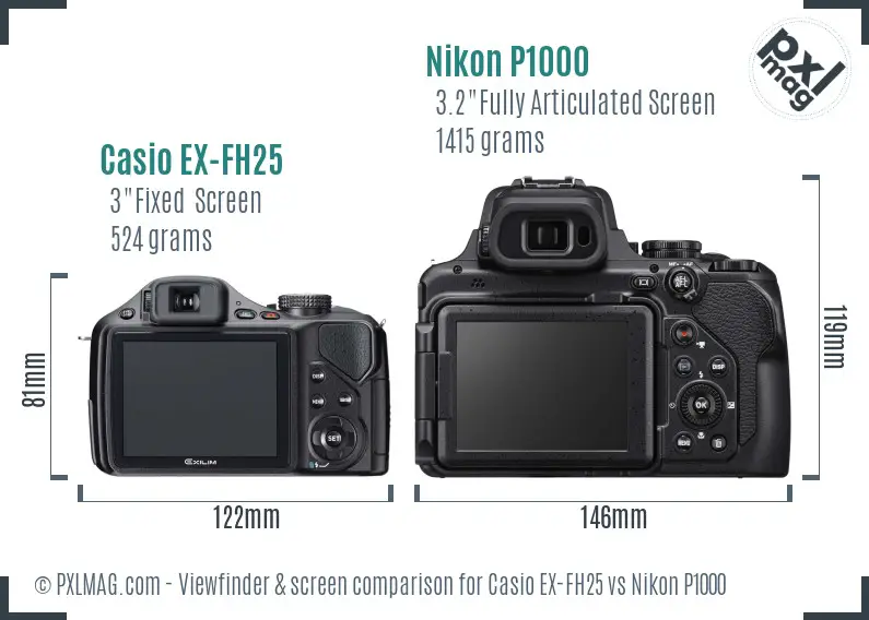 Casio EX-FH25 vs Nikon P1000 Screen and Viewfinder comparison