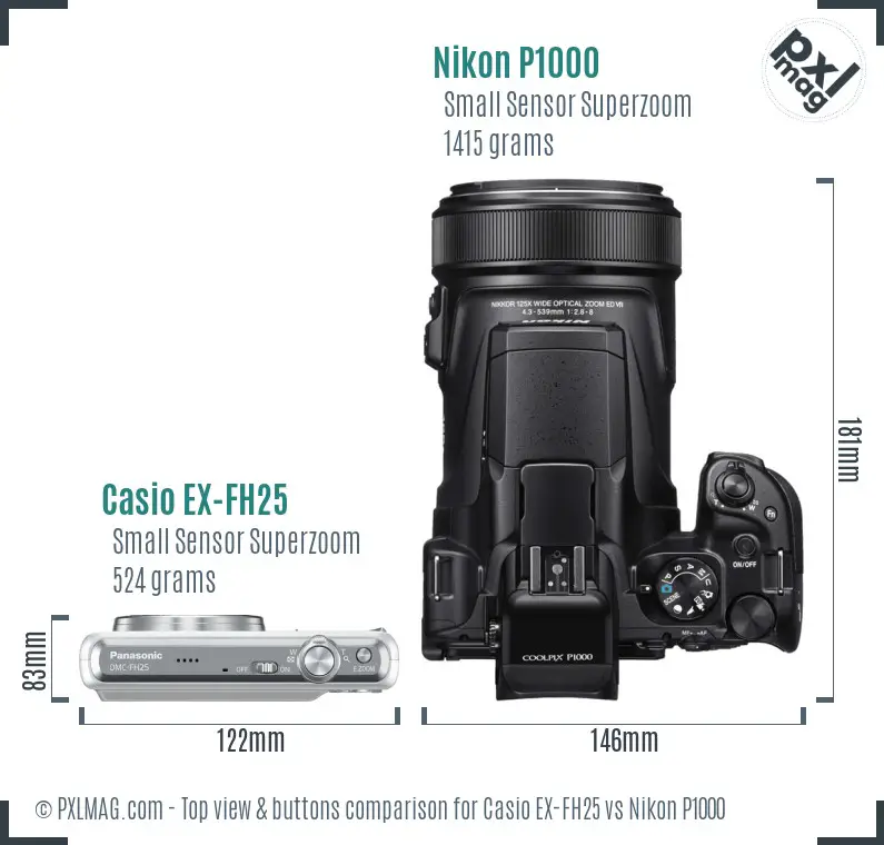 Casio EX-FH25 vs Nikon P1000 top view buttons comparison