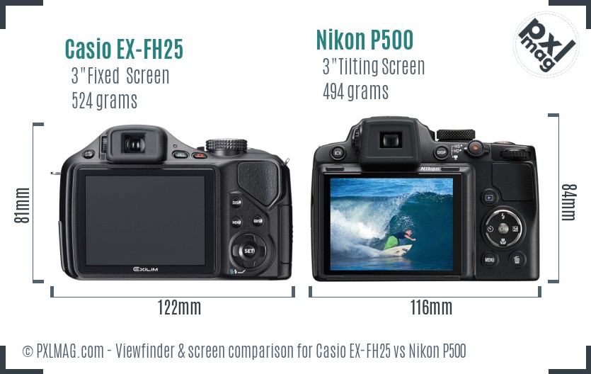 Casio EX-FH25 vs Nikon P500 Screen and Viewfinder comparison