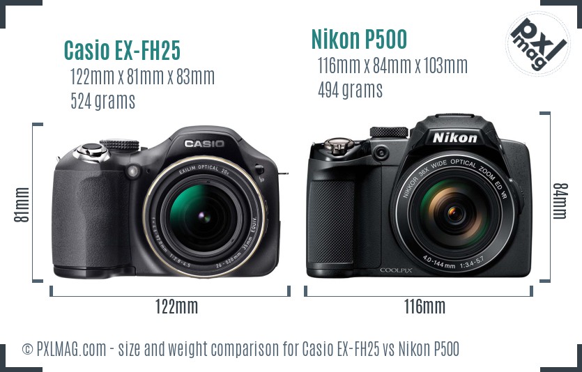 Casio EX-FH25 vs Nikon P500 size comparison