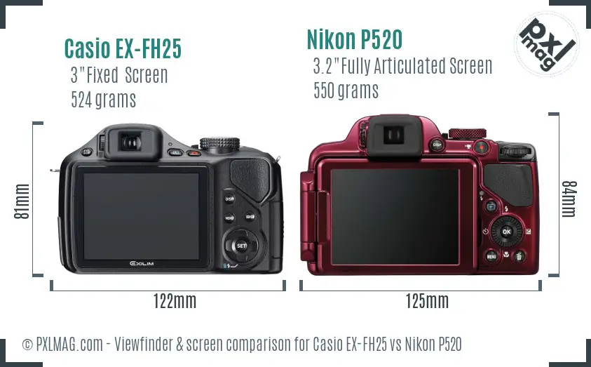 Casio EX-FH25 vs Nikon P520 Screen and Viewfinder comparison