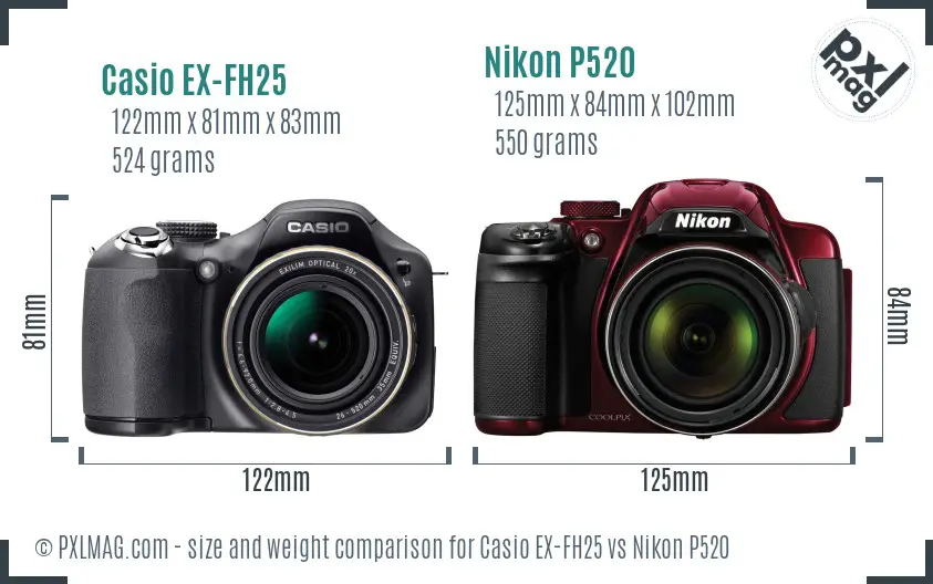 Casio EX-FH25 vs Nikon P520 size comparison