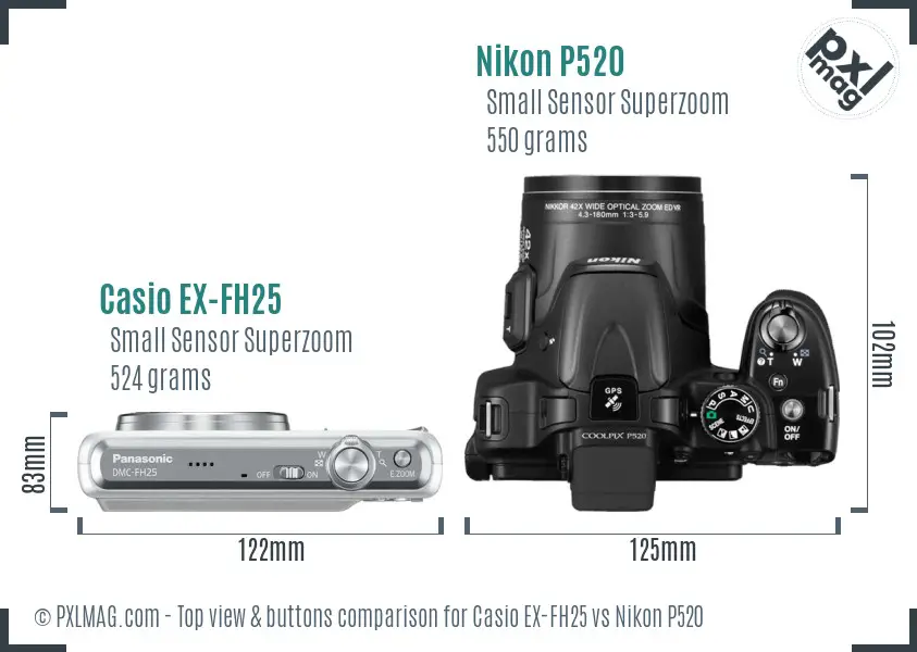 Casio EX-FH25 vs Nikon P520 top view buttons comparison