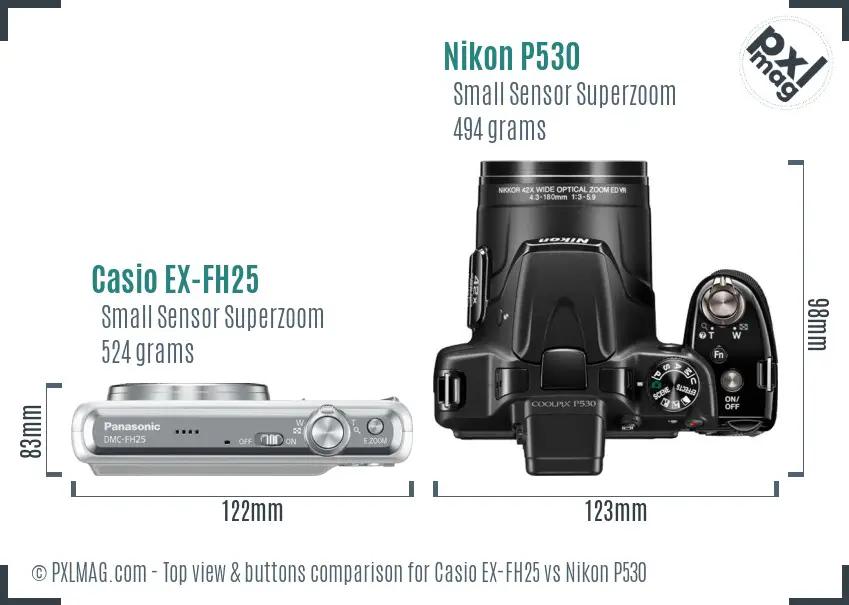 Casio EX-FH25 vs Nikon P530 top view buttons comparison