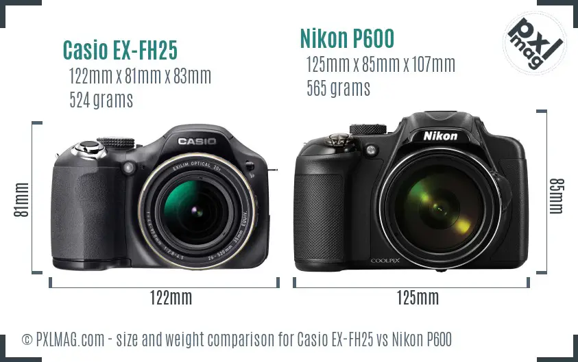 Casio EX-FH25 vs Nikon P600 size comparison Casio EX-FH25 vs Nikon P600 size comparison