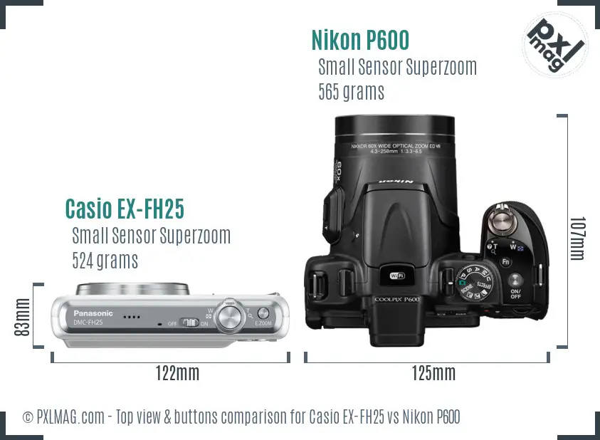 Casio EX-FH25 vs Nikon P600 top view buttons comparison Casio EX-FH25 vs Nikon P600 top view buttons comparison