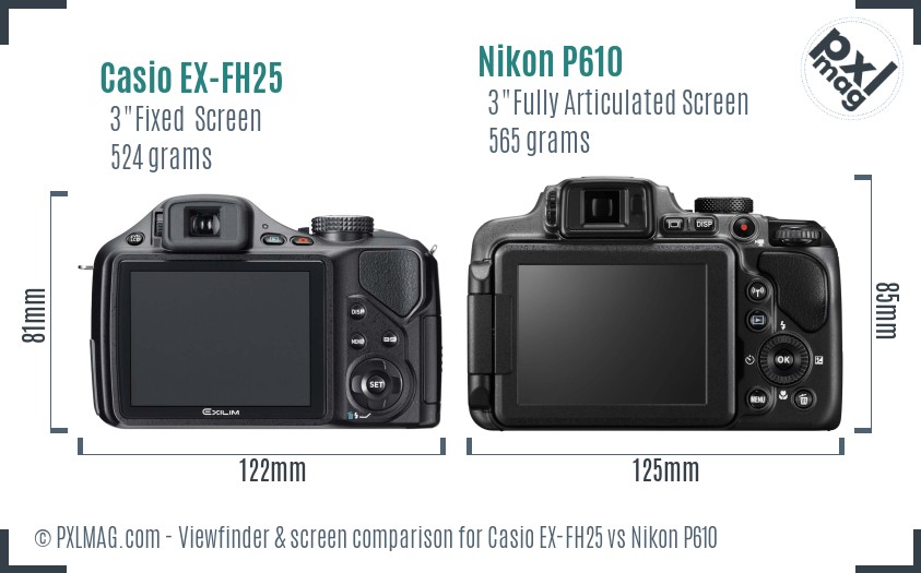 Casio EX-FH25 vs Nikon P610 Screen and Viewfinder comparison