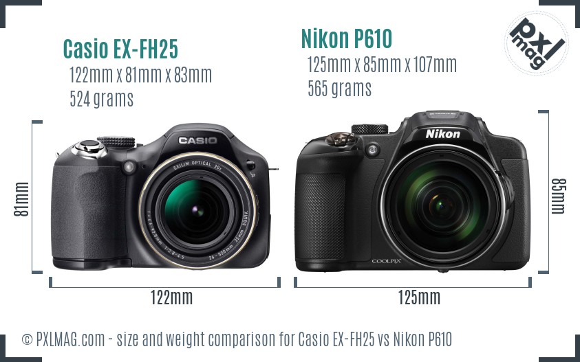 Casio EX-FH25 vs Nikon P610 size comparison